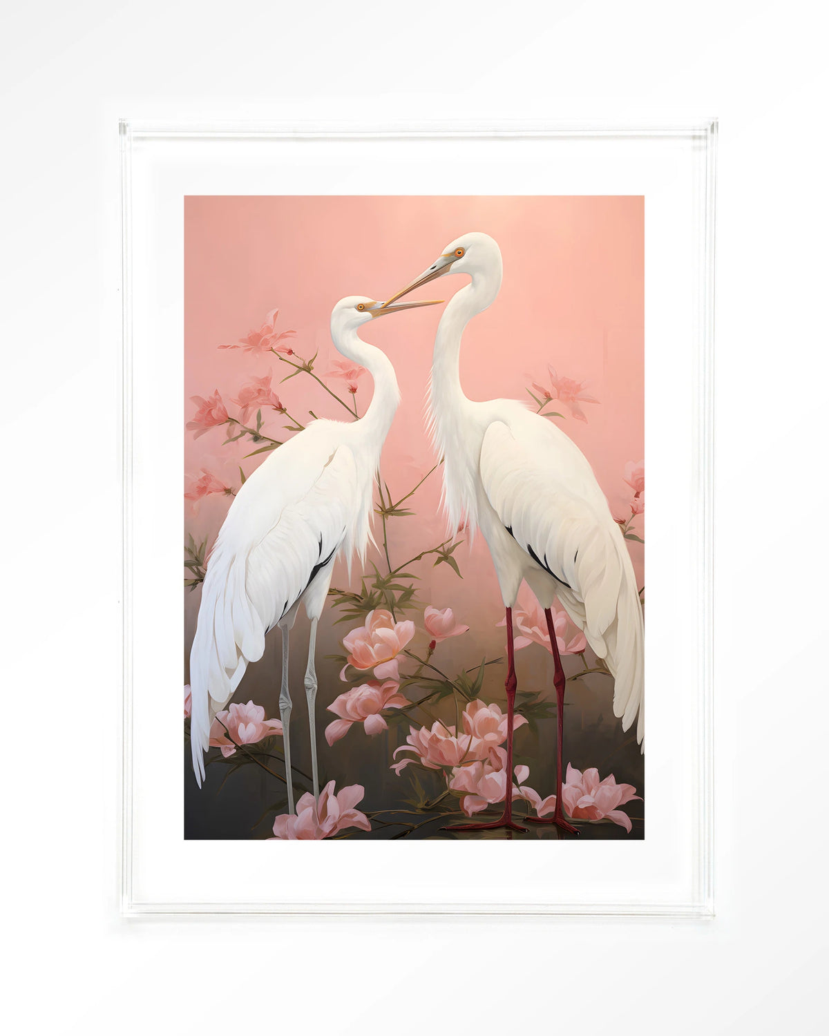 Pink Love Birds – twee witte kraanvogels met roze bloemen – Art print – Acryl doorzichtig