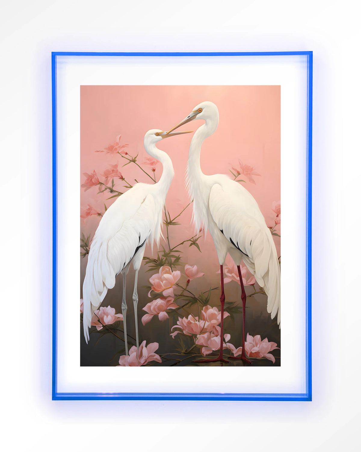 Pink Love Birds – twee witte kraanvogels met roze bloemen – Art print – Acryl lichtblauw