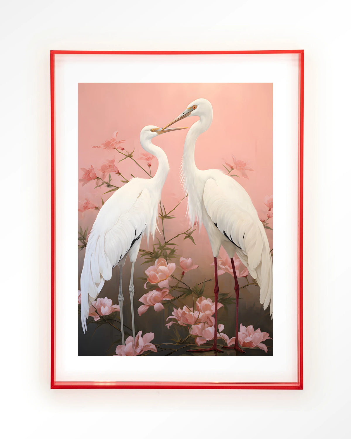 Pink Love Birds – twee witte kraanvogels met roze bloemen – Art print – Acryl roze