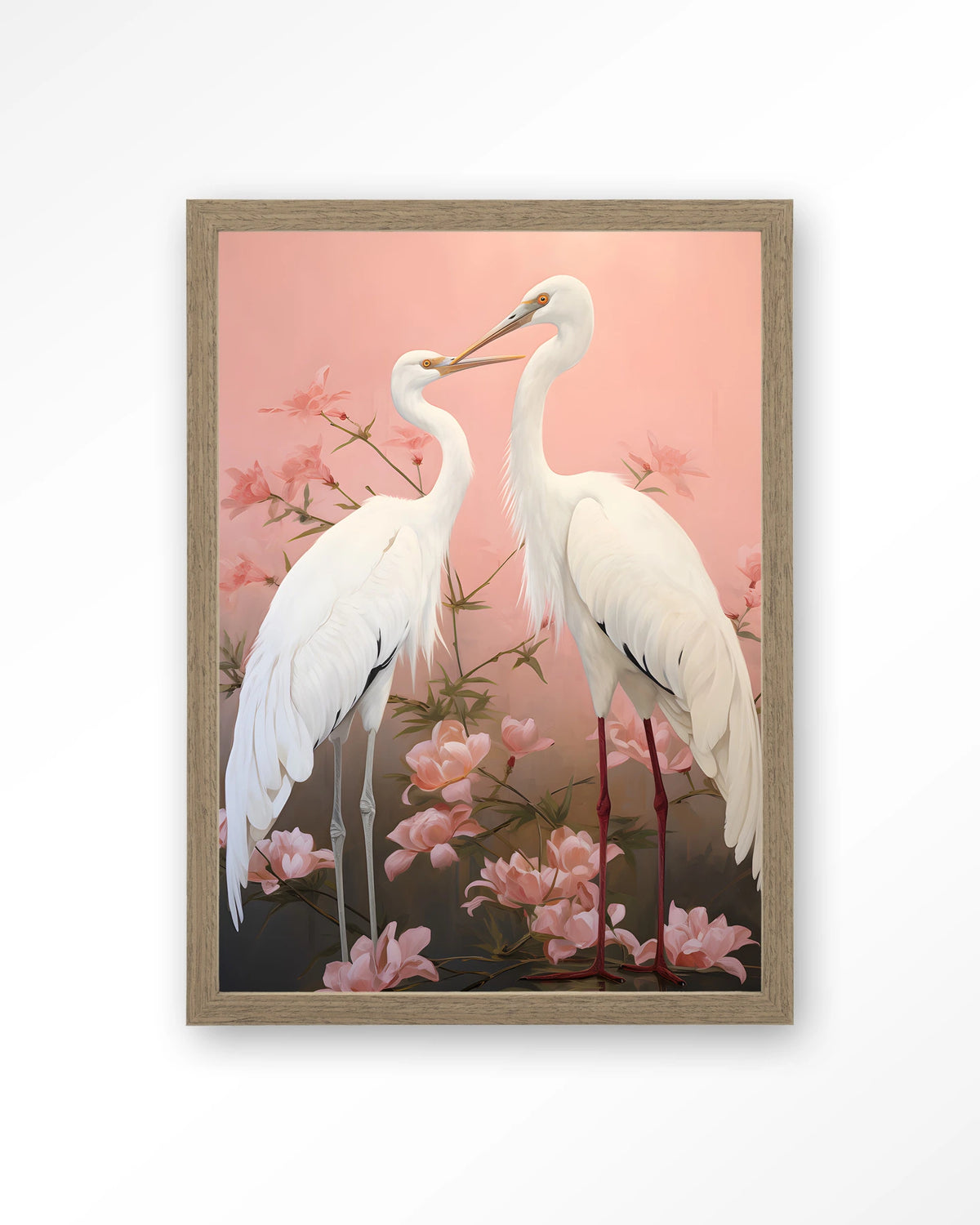 Pink Love Birds – twee witte kraanvogels met roze bloemen – Art print – Hout bruin