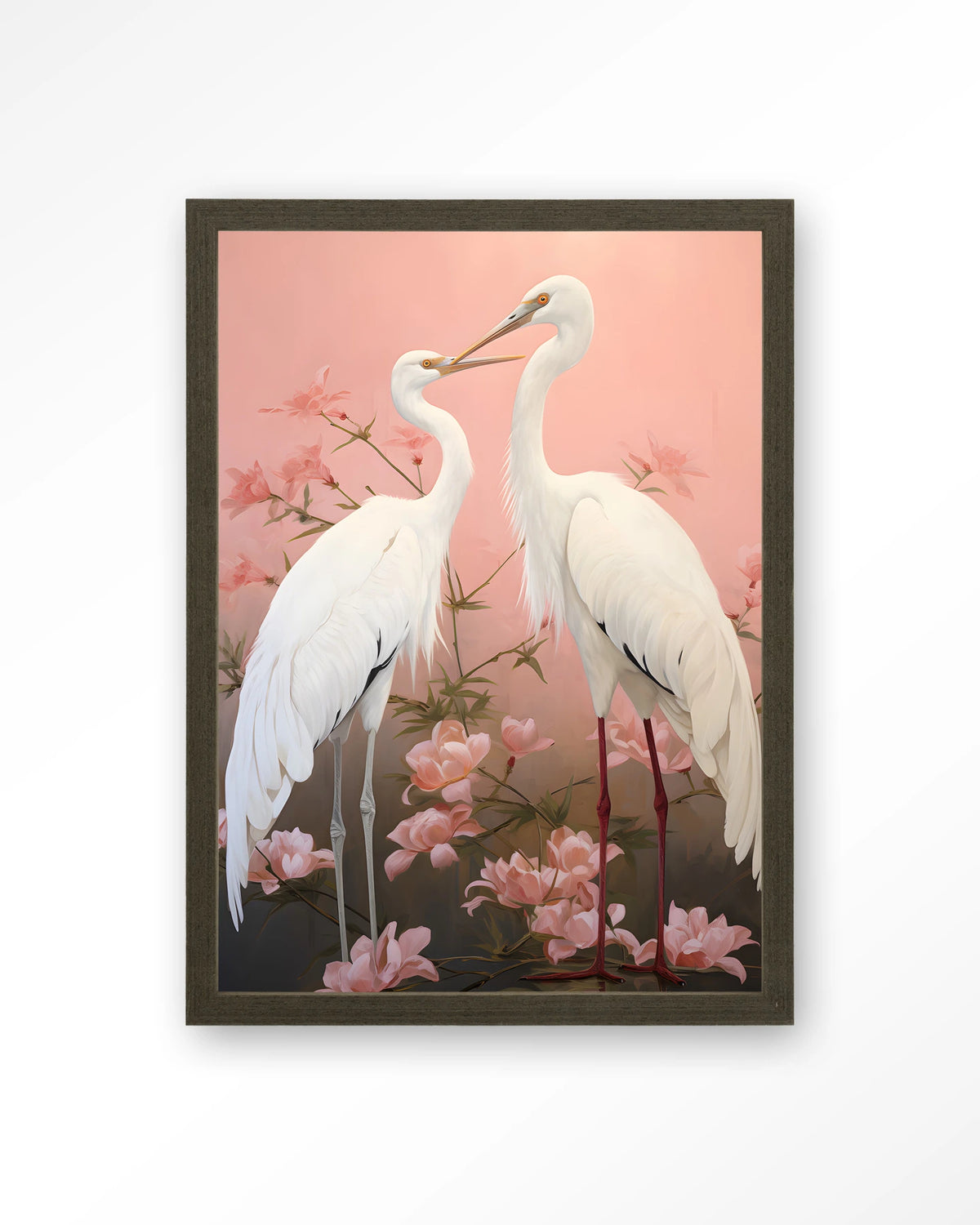Pink Love Birds – twee witte kraanvogels met roze bloemen – Art print – Hout donkerbruin