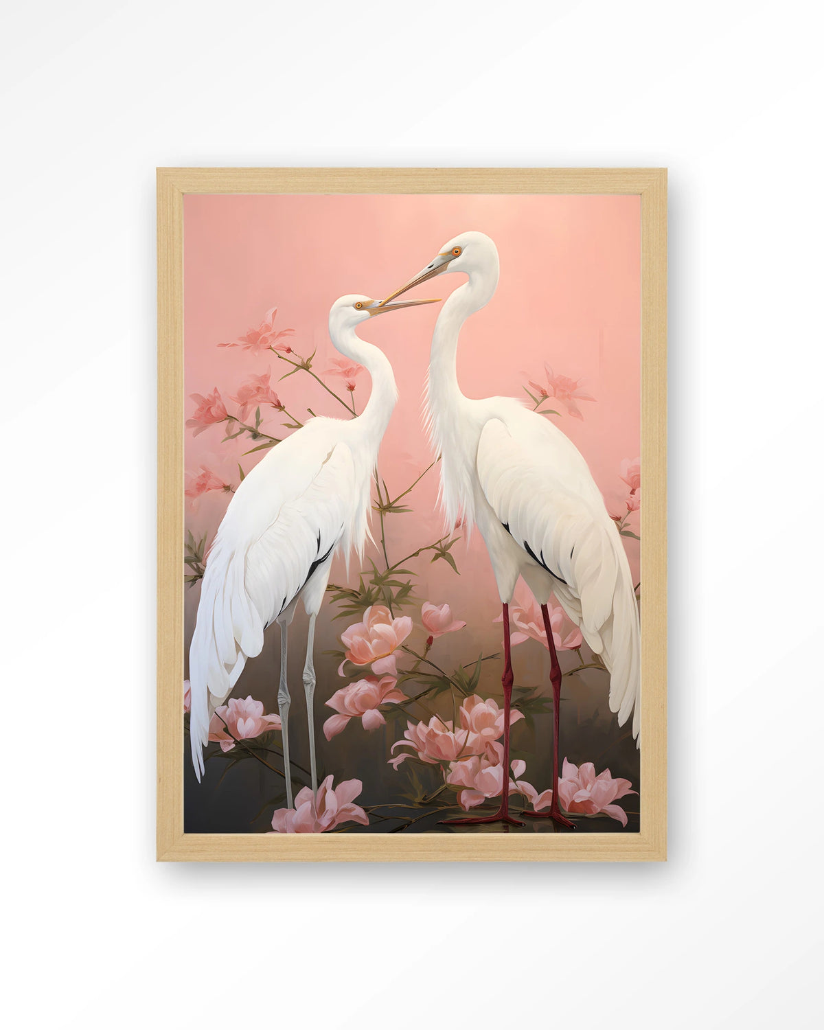 Pink Love Birds – twee witte kraanvogels met roze bloemen – Art print – Hout naturel