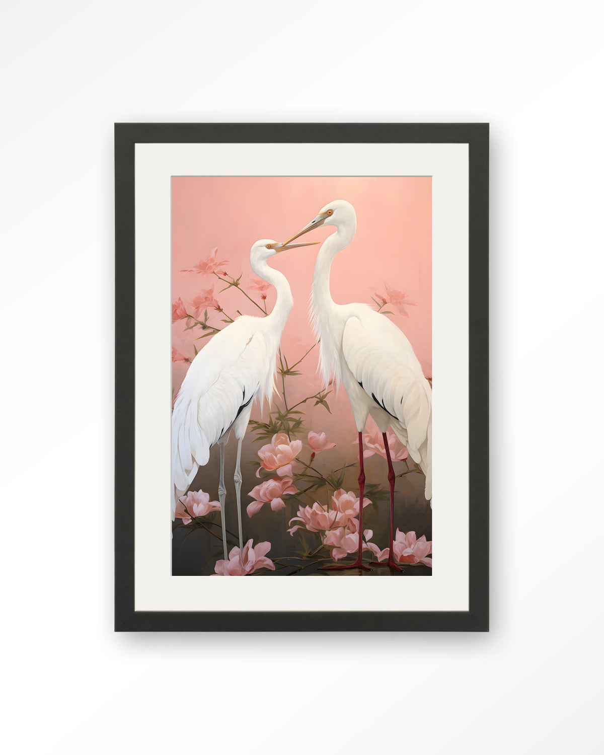 Pink Love Birds – twee witte kraanvogels met roze bloemen – Art print – Hout zwart + passe-partout