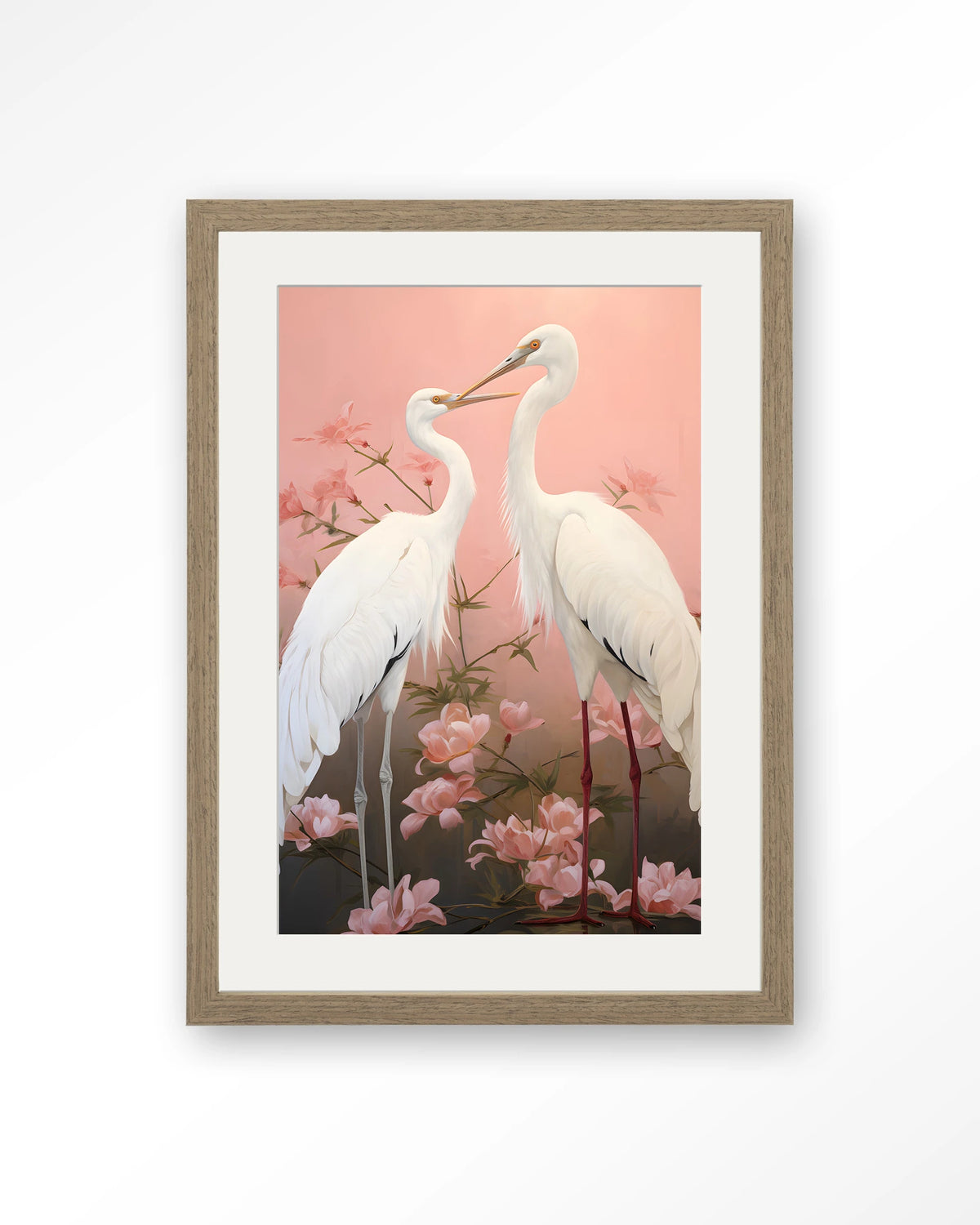Pink Love Birds – twee witte kraanvogels met roze bloemen – Art print – Hout bruin + passe-partout