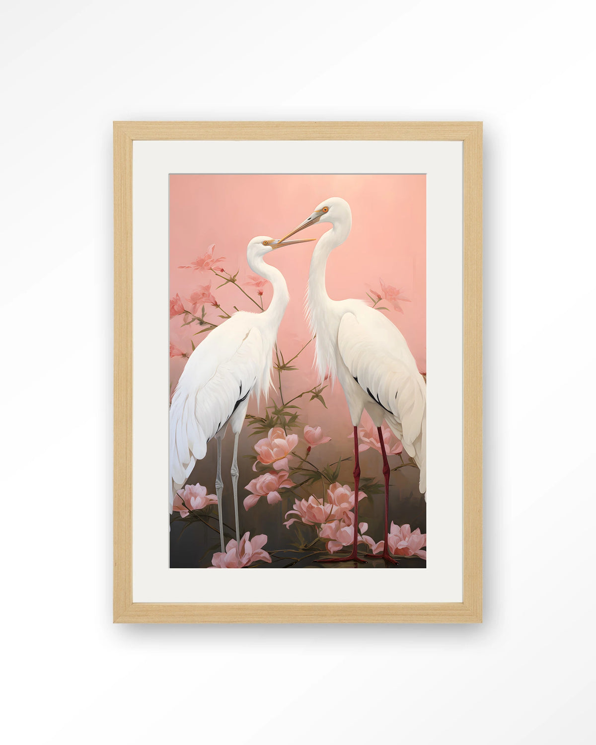 Pink Love Birds – twee witte kraanvogels met roze bloemen – Art print – Hout naturel + passe-partout