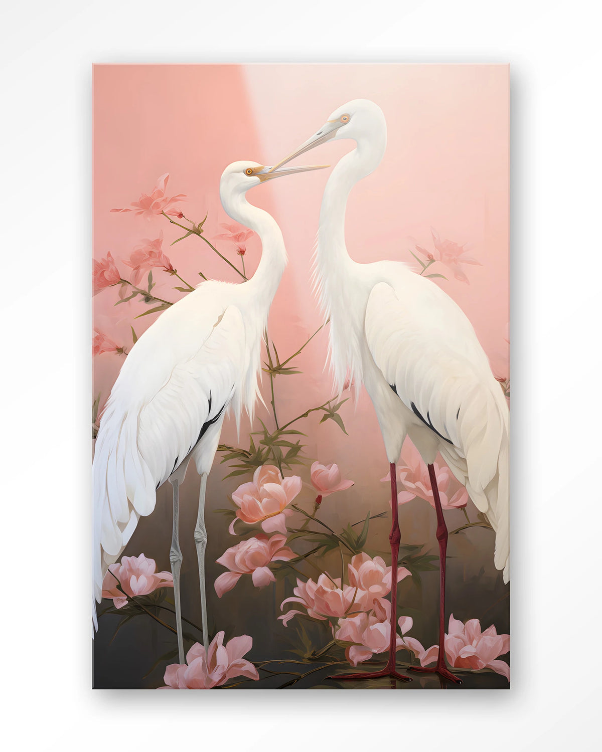 Pink Love Birds – twee witte kraanvogels met roze bloemen – Glas – Blinde montage