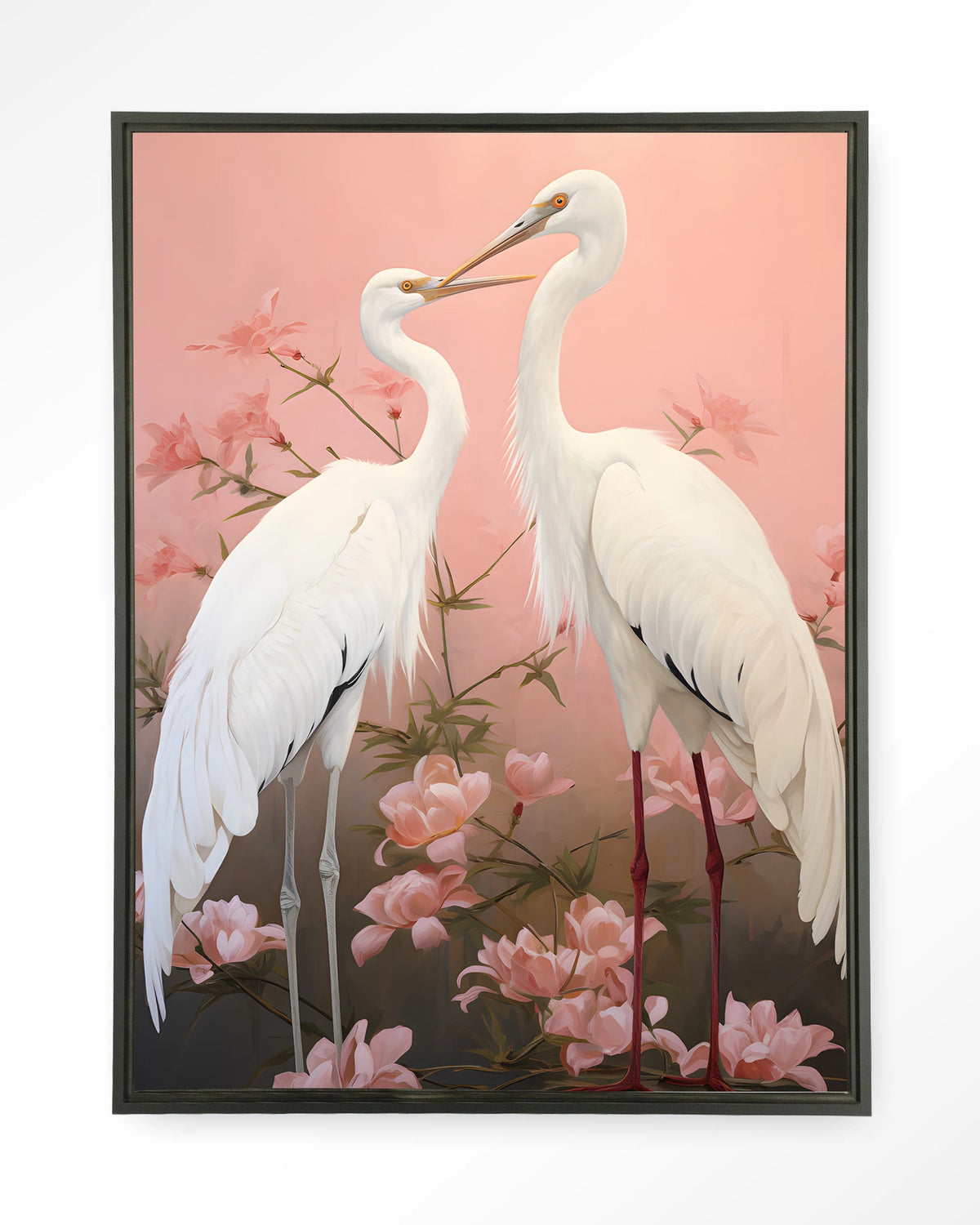 Pink Love Birds – twee witte kraanvogels met roze bloemen – Wandkleed – Floating frame – zwart