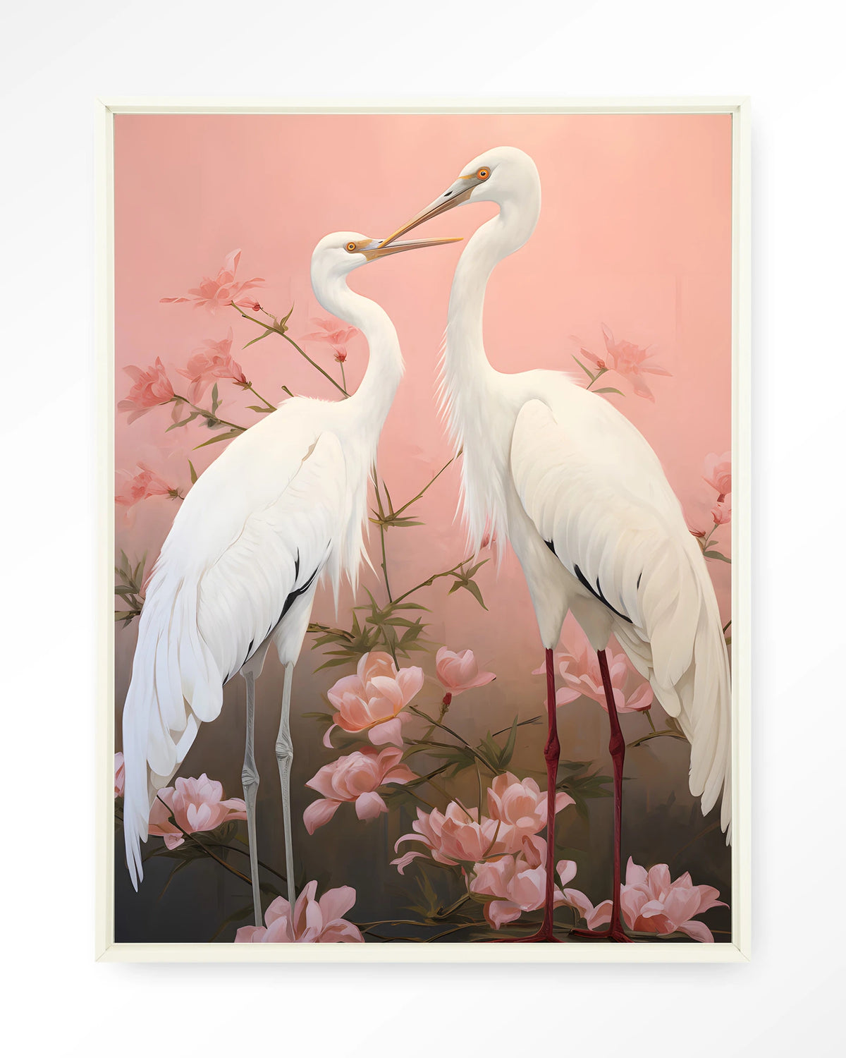 Pink Love Birds – twee witte kraanvogels met roze bloemen – Wandkleed – Floating frame – wit