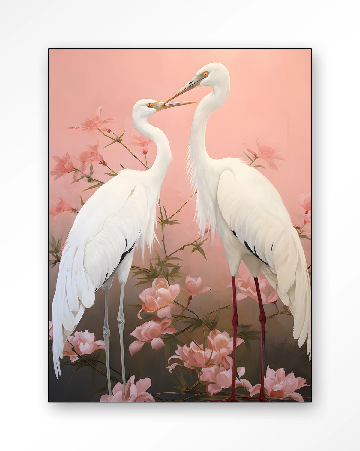 Pink Love Birds – twee witte kraanvogels met roze bloemen – Wandkleed – Frame – zwart