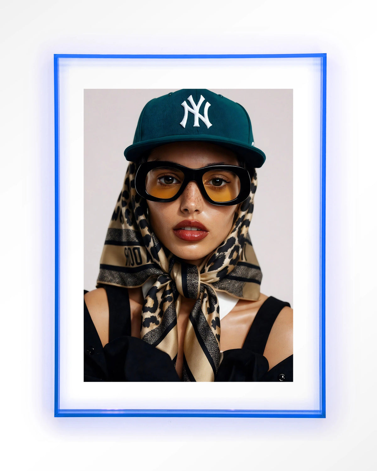 Cool Girl – portret van een vrouw met pet – Art print – Acryl lichtblauw