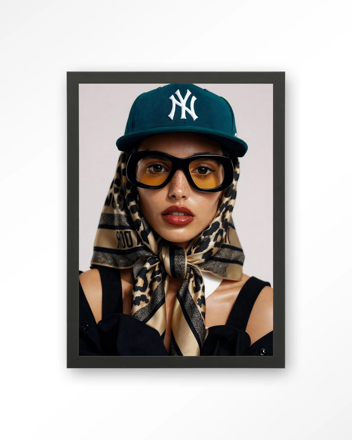 Cool Girl – portret van een vrouw met pet – Art print – Hout zwart