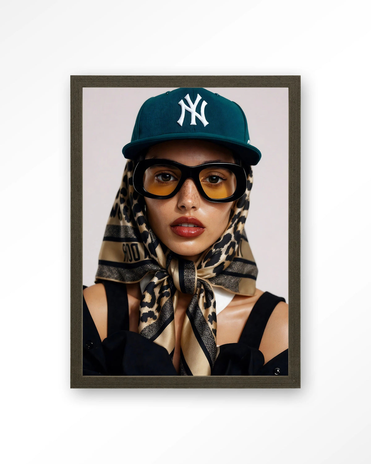 Cool Girl – portret van een vrouw met pet – Art print – Hout donkerbruin