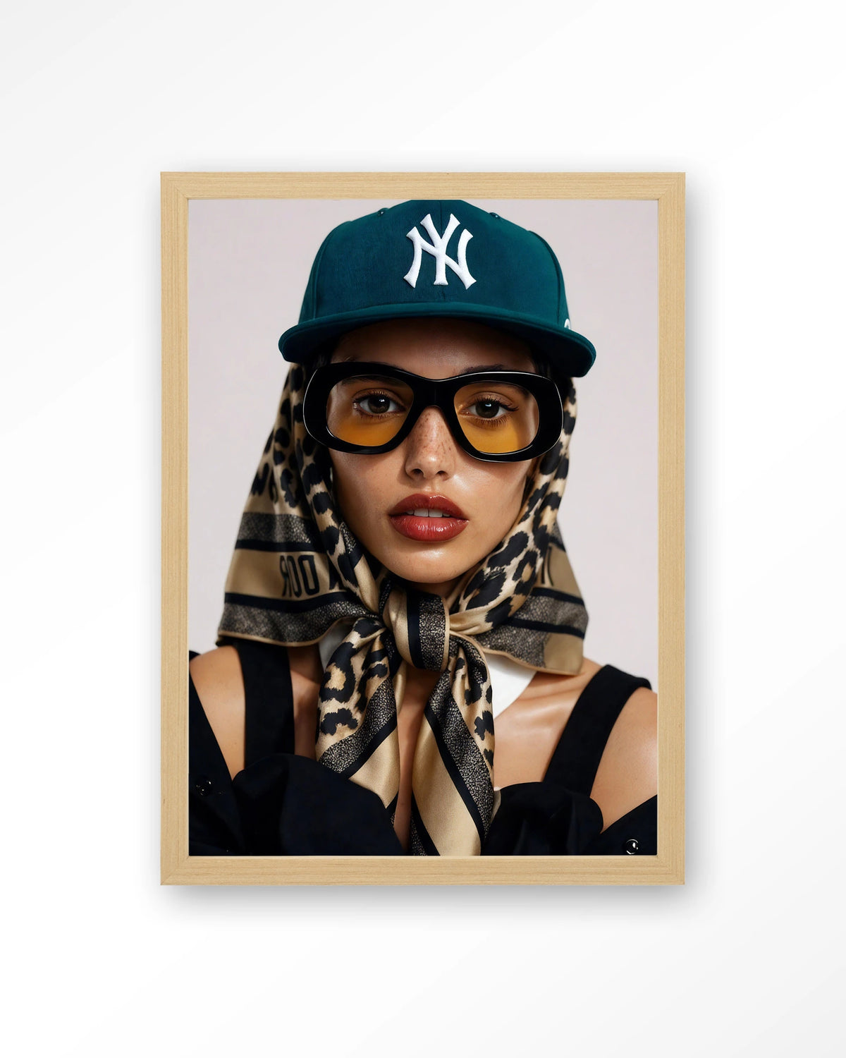 Cool Girl – portret van een vrouw met pet – Art print – Hout naturel