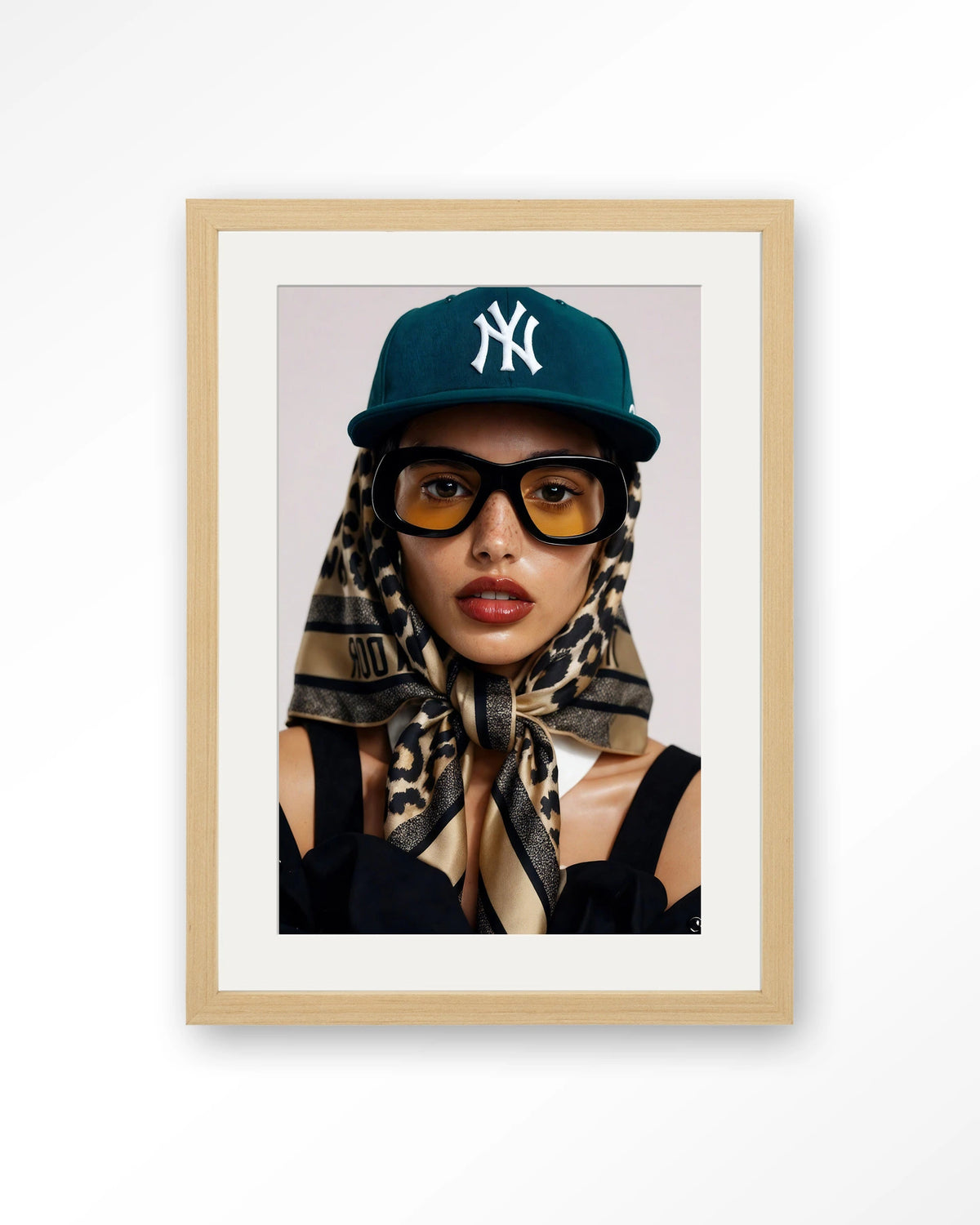 Cool Girl – portret van een vrouw met pet – Art print – Hout naturel + passe-partout