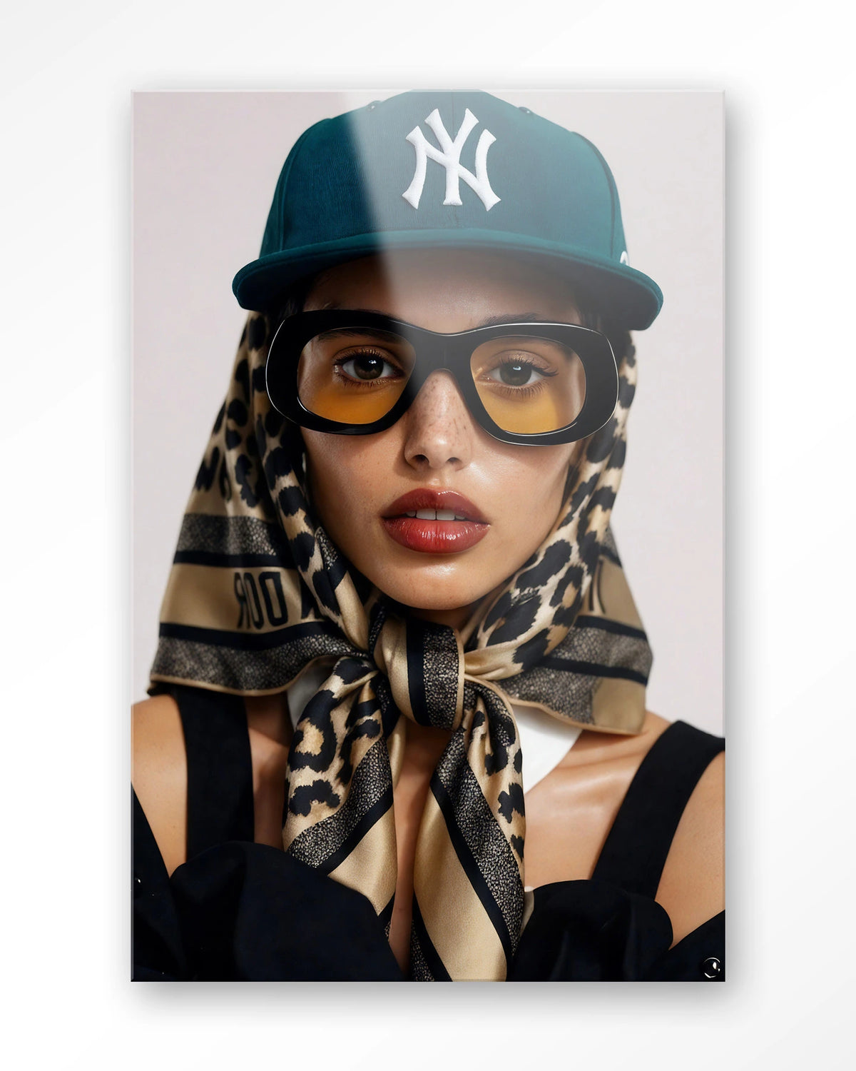 Cool Girl – portret van een vrouw met pet – Glas – Blinde montage