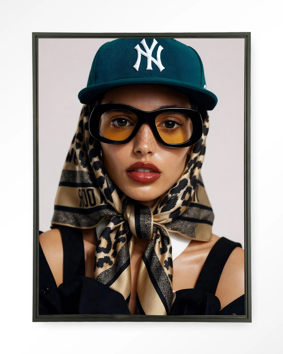 Cool Girl – portret van een vrouw met pet – Wandkleed – Floating frame – zwart