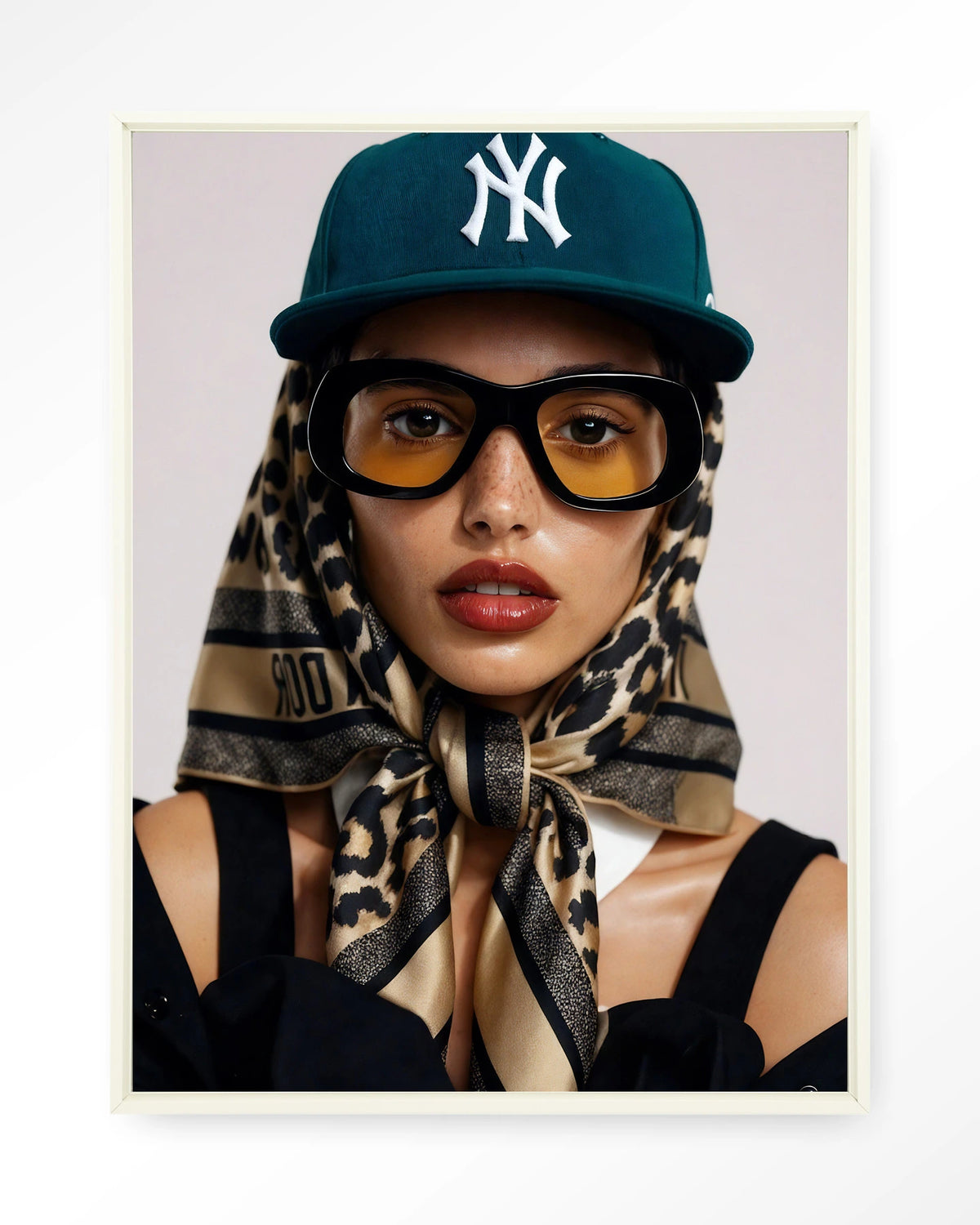 Cool Girl – portret van een vrouw met pet – Wandkleed – Floating frame – wit