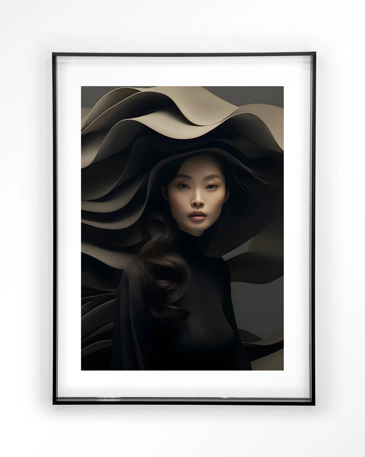 Dark Flow – vrouw in zwart met golvende hoed – Art print – Acryl zwart