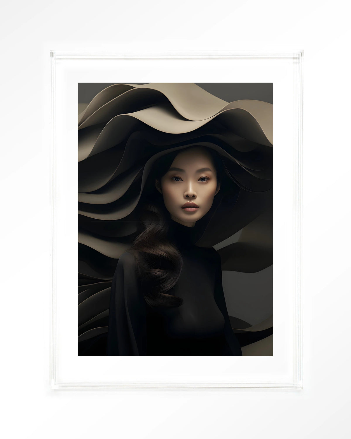 Dark Flow – vrouw in zwart met golvende hoed – Art print – Acryl doorzichtig