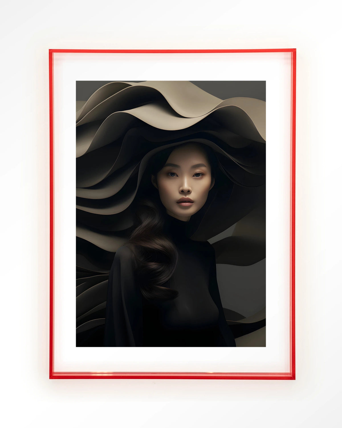 Dark Flow – vrouw in zwart met golvende hoed – Art print – Acryl roze