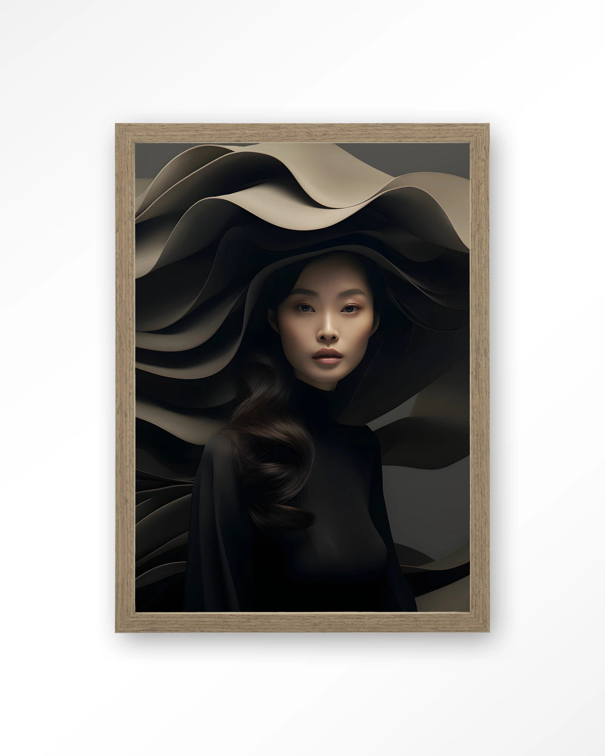 Dark Flow – vrouw in zwart met golvende hoed – Art print – Hout bruin
