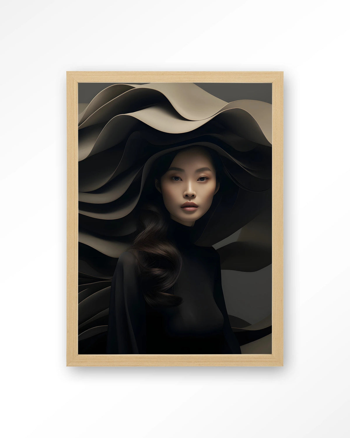 Dark Flow – vrouw in zwart met golvende hoed – Art print – Hout naturel