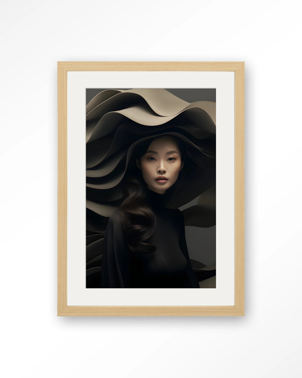 Dark Flow – vrouw in zwart met golvende hoed – Art print – Hout naturel + passe-partout