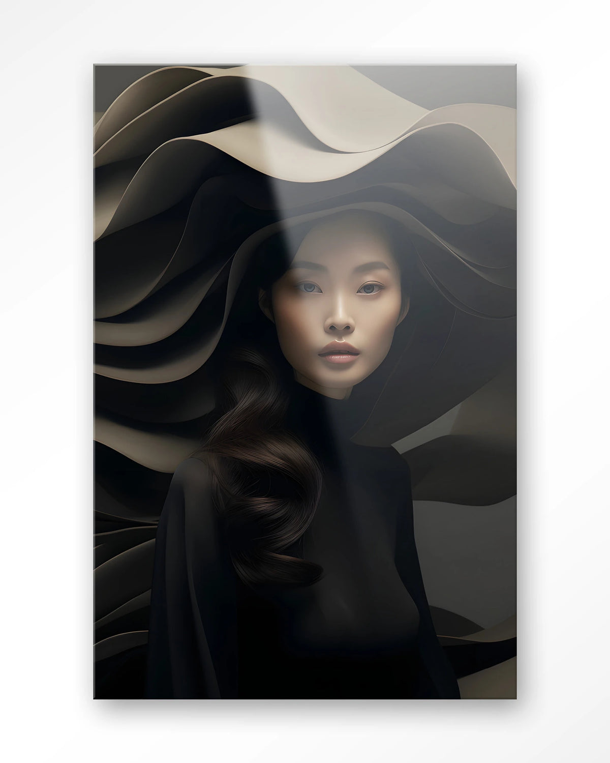Dark Flow – vrouw in zwart met golvende hoed – Glas – Blinde montage