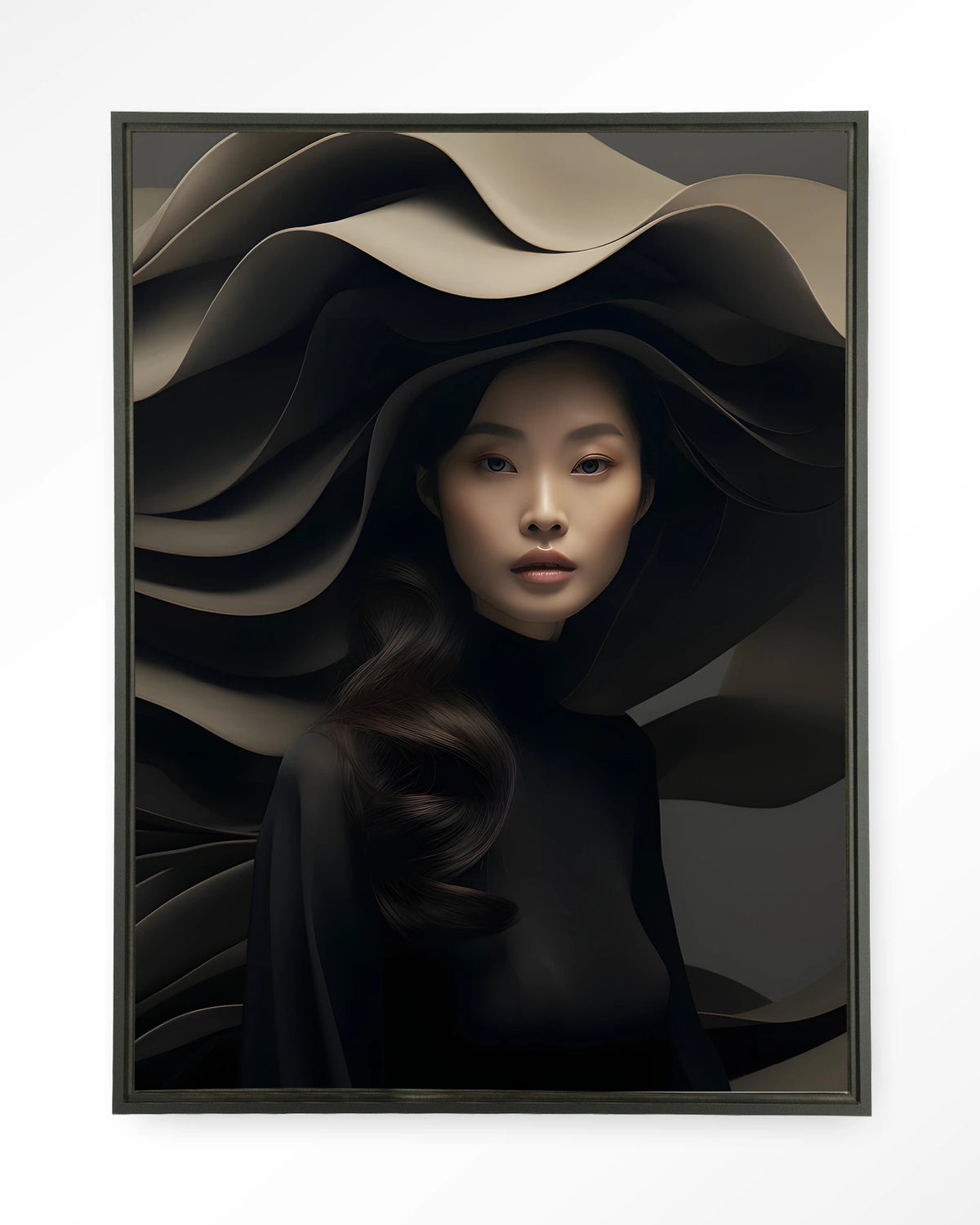 Dark Flow – vrouw in zwart met golvende hoed – Wandkleed – Floating frame – zwart