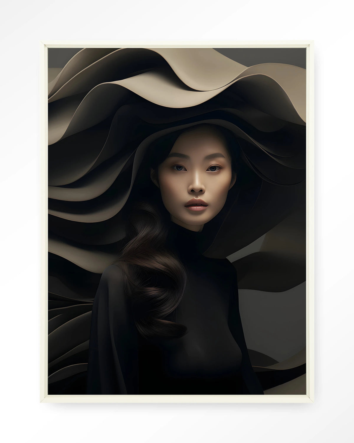 Dark Flow – vrouw in zwart met golvende hoed – Wandkleed – Floating frame – wit