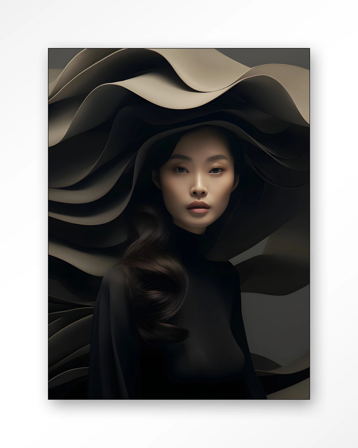 Dark Flow – vrouw in zwart met golvende hoed – Wandkleed – Frame – zwart
