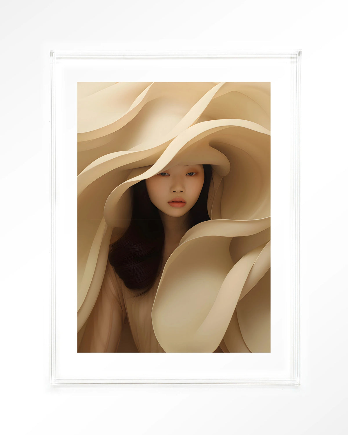 Light Flow – vrouw omgeven door crème stof – Art print – Acryl doorzichtig