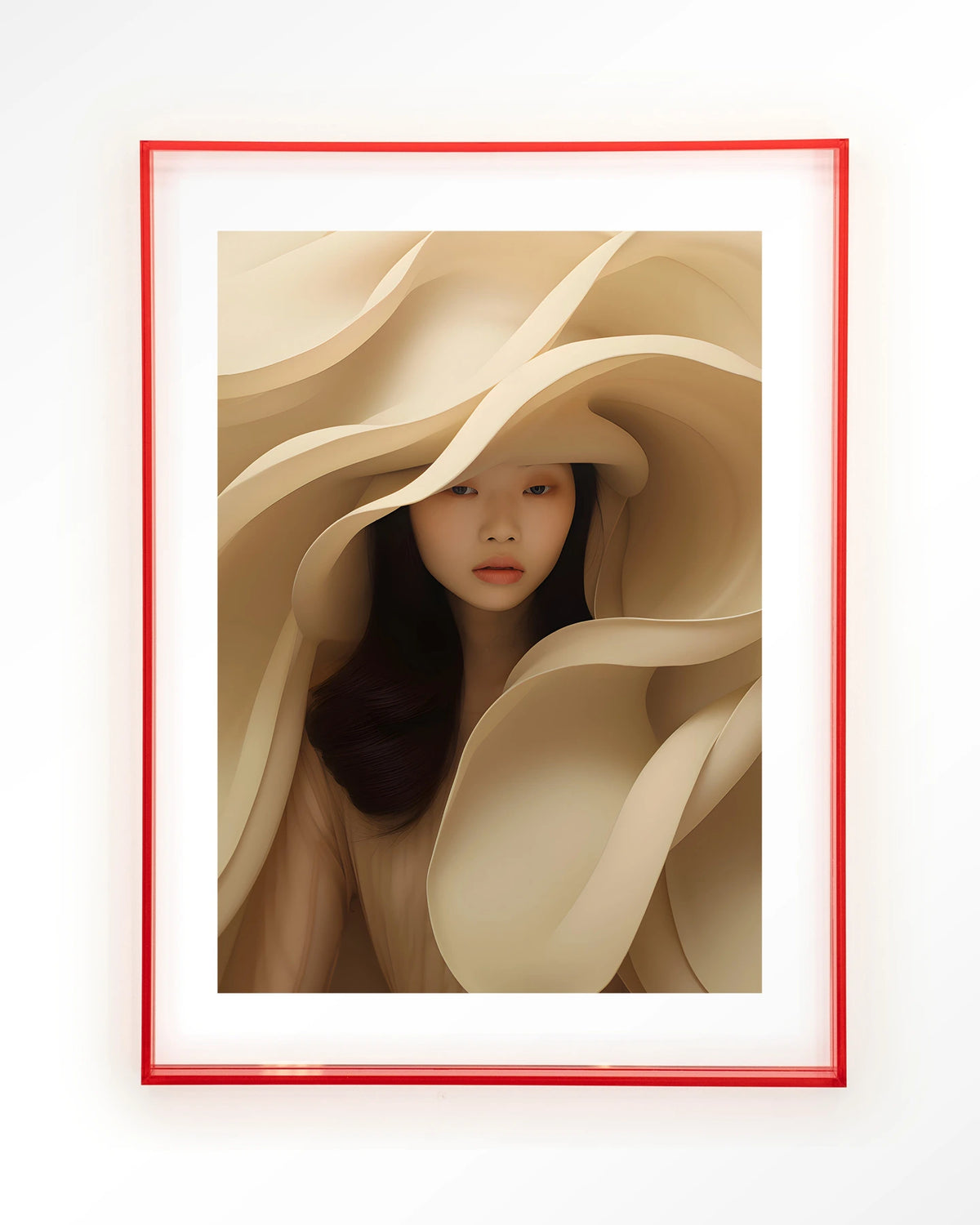 Light Flow – vrouw omgeven door crème stof – Art print – Acryl roze