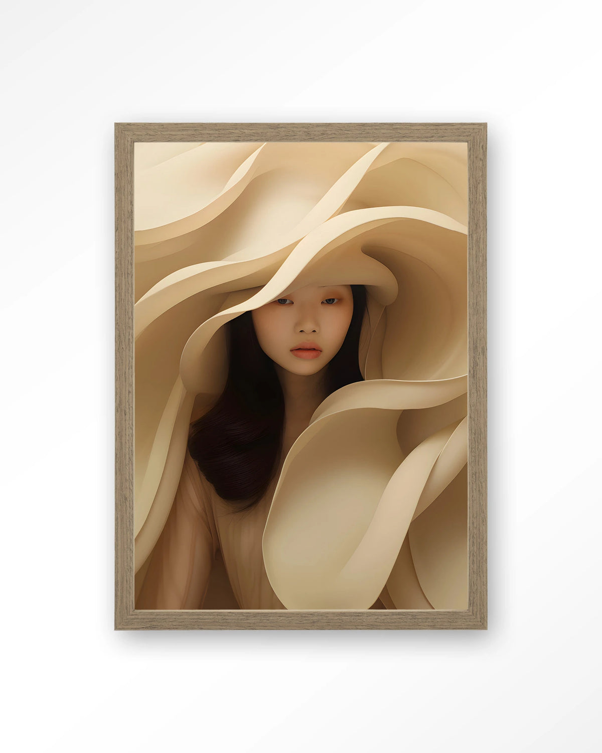 Light Flow – vrouw omgeven door crème stof – Art print – Hout bruin