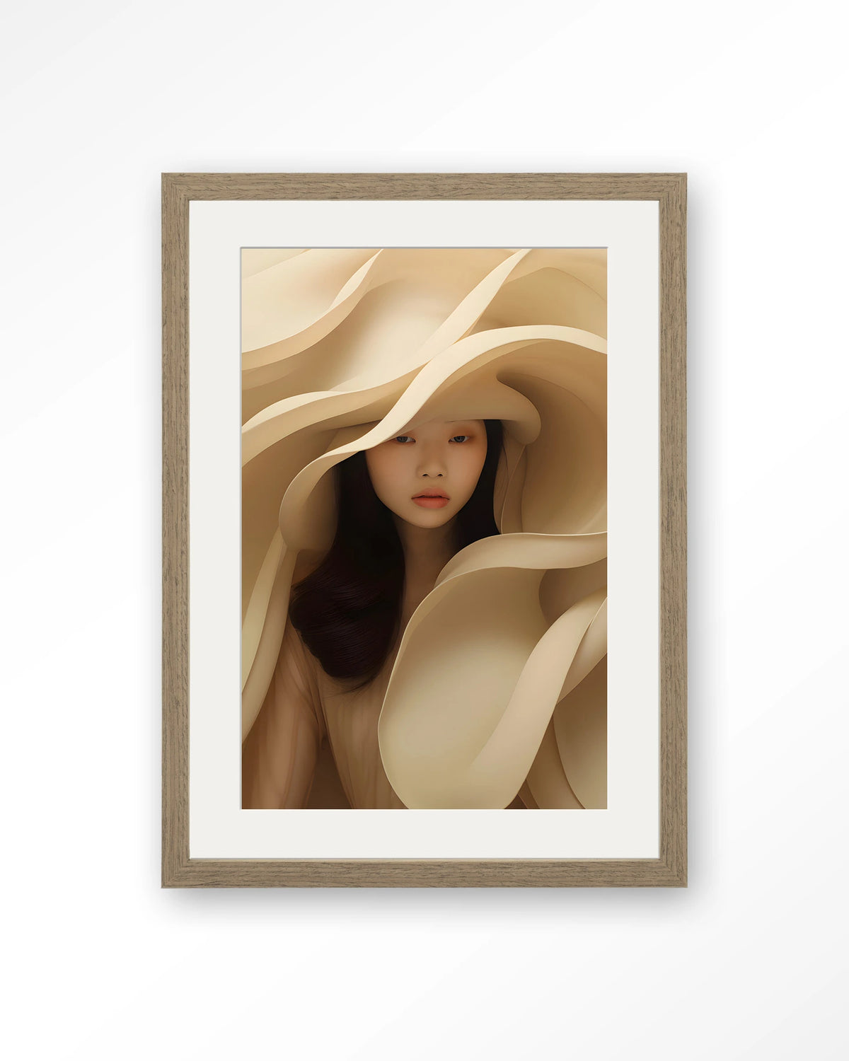 Light Flow – vrouw omgeven door crème stof – Art print – Hout bruin + passe-partout