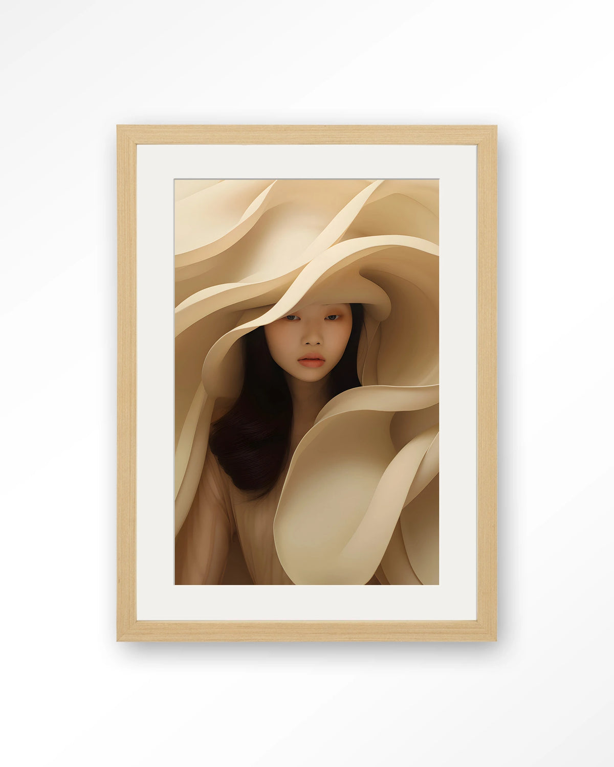 Light Flow – vrouw omgeven door crème stof – Art print – Hout naturel + passe-partout