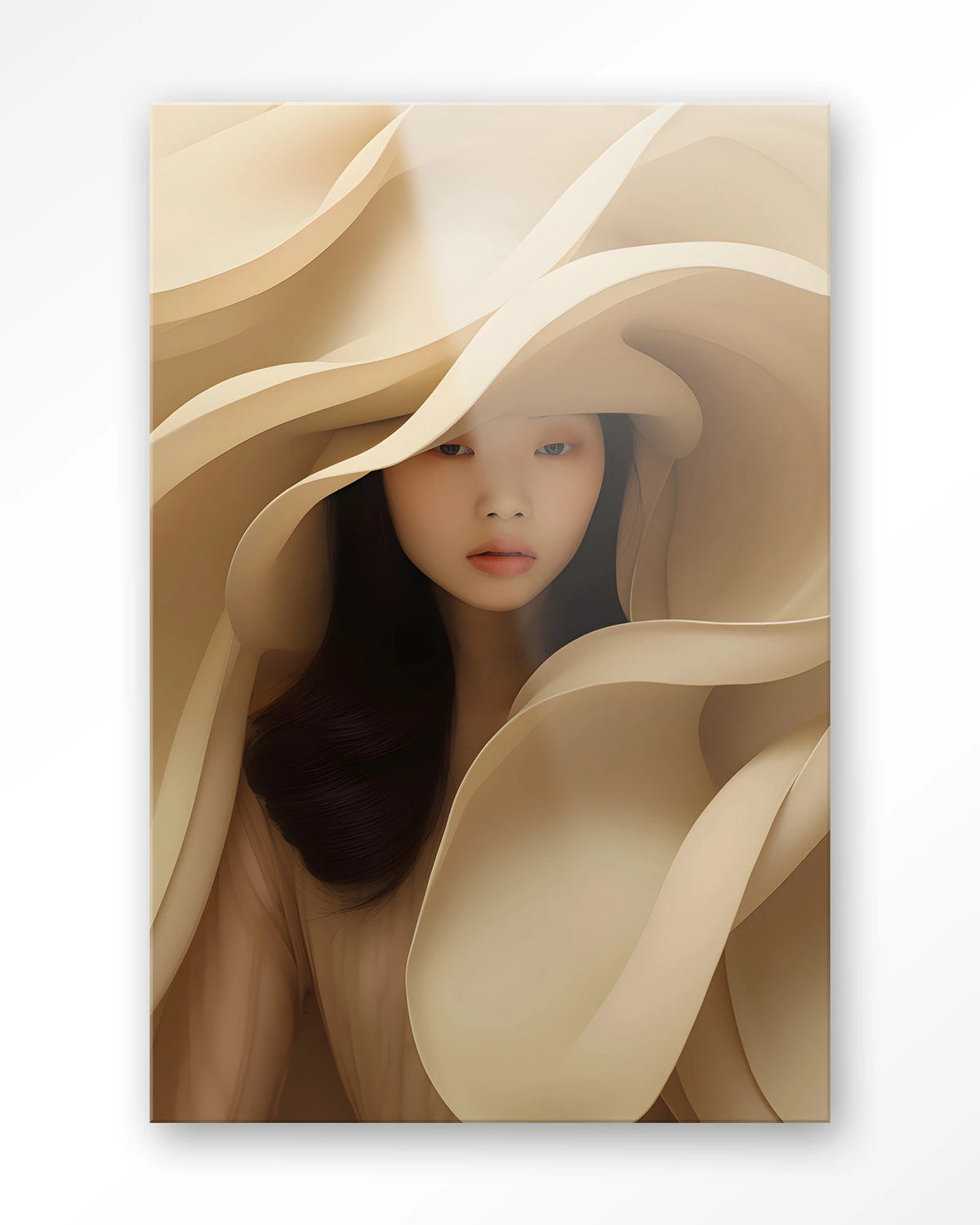 Light Flow – vrouw omgeven door crème stof – Glas – Blinde montage