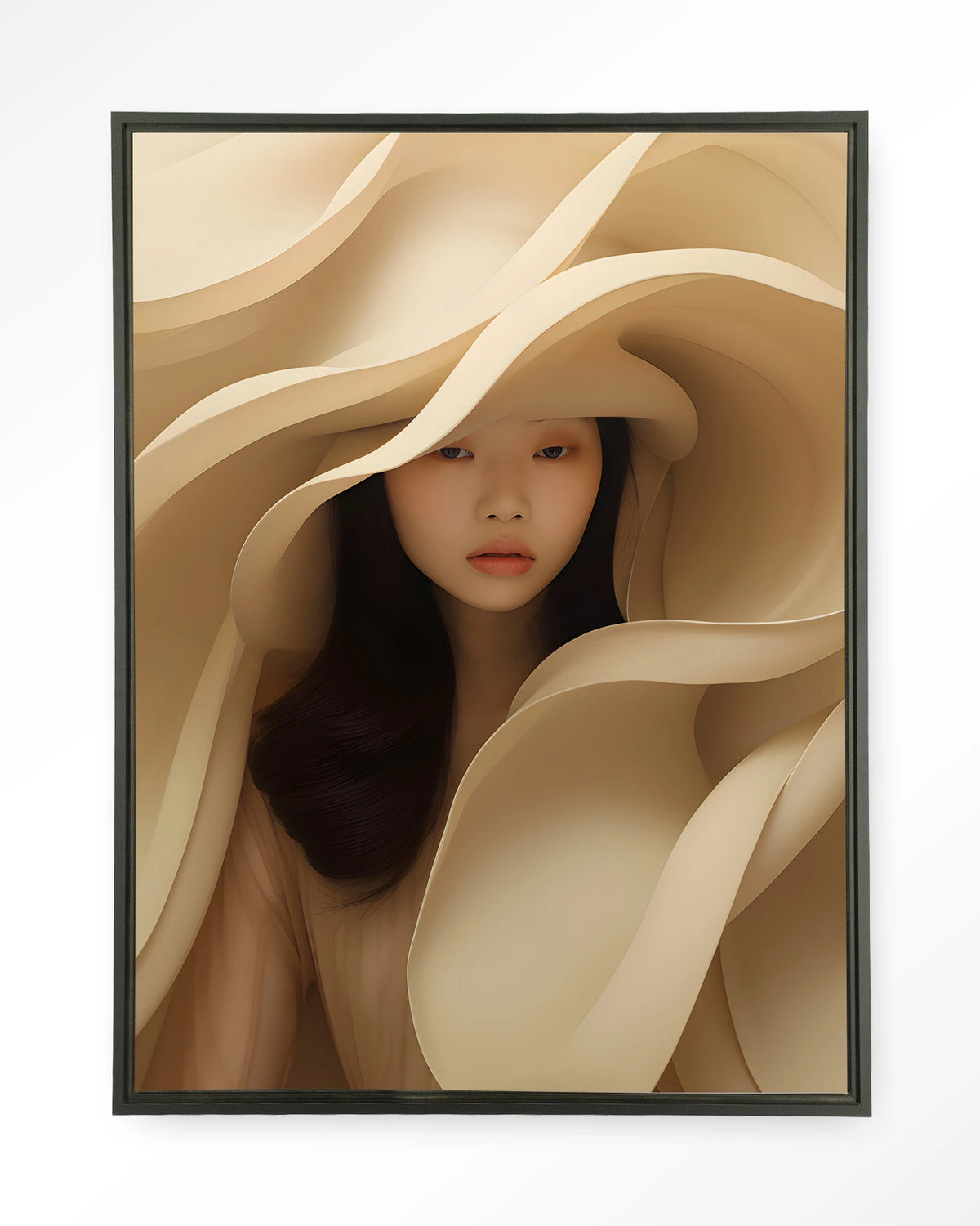 Light Flow – vrouw omgeven door crème stof – Wandkleed – Floating frame – zwart