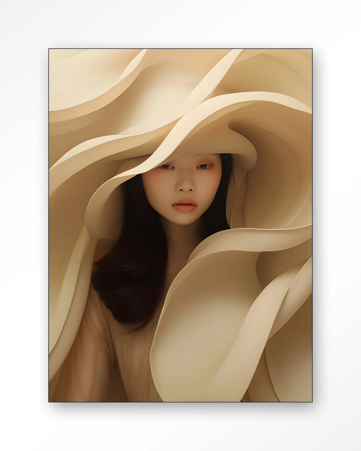 Light Flow – vrouw omgeven door crème stof – Wandkleed – Frame – zwart