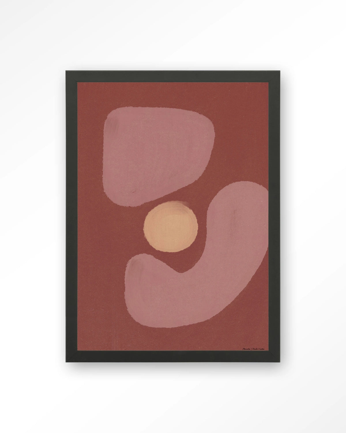 Elementa Morado 2 – abstract in roze en zalm met cirkel – Art print – Hout zwart