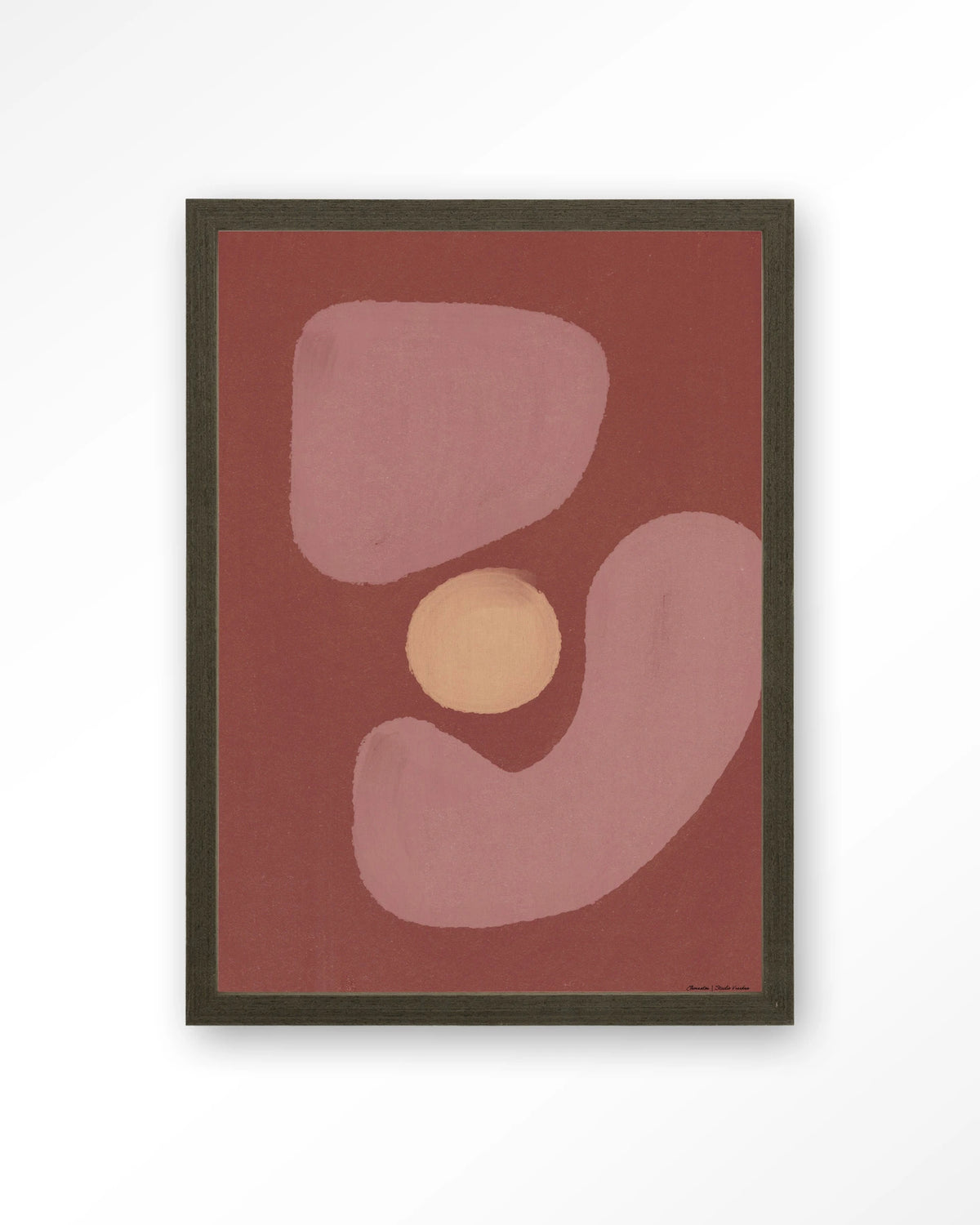 Elementa Morado 2 – abstract in roze en zalm met cirkel – Art print – Hout donkerbruin