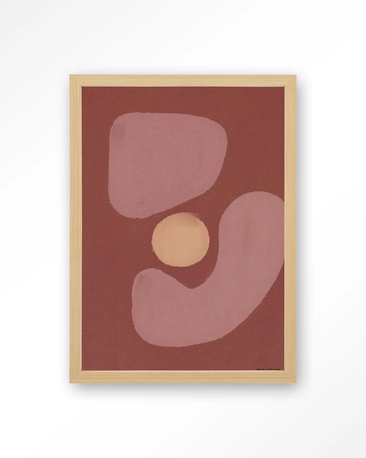 Elementa Morado 2 – abstract in roze en zalm met cirkel – Art print – Hout naturel