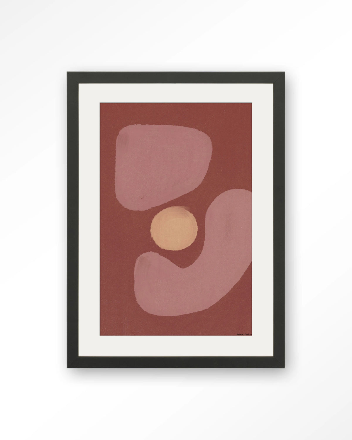 Elementa Morado 2 – abstract in roze en zalm met cirkel – Art print – Hout zwart + passe-partout