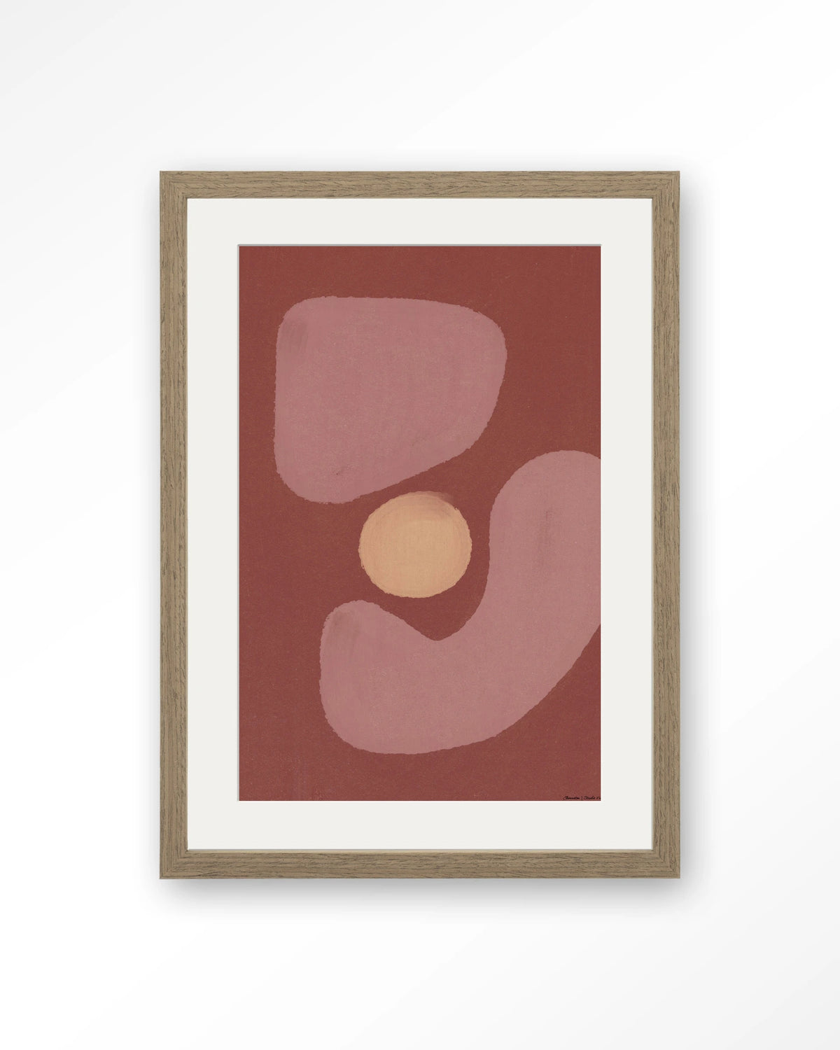 Elementa Morado 2 – abstract in roze en zalm met cirkel – Art print – Hout bruin + passe-partout