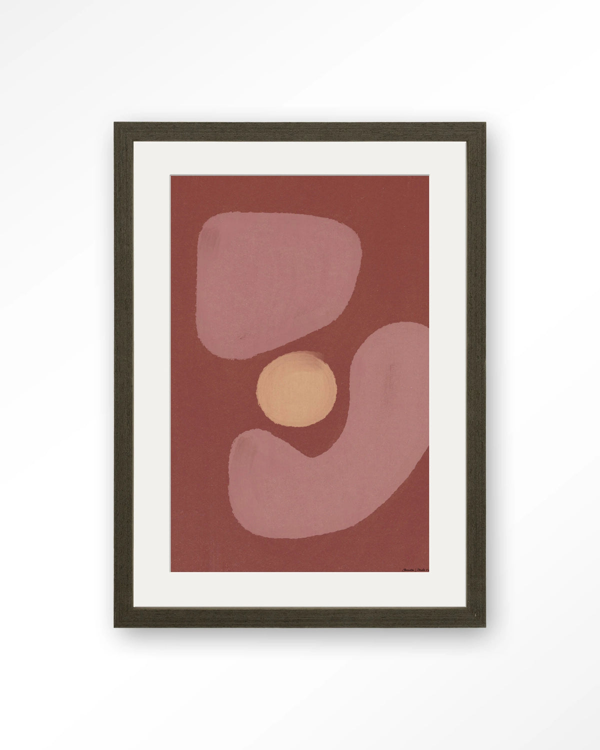 Elementa Morado 2 – abstract in roze en zalm met cirkel – Art print – Hout donkerbruin + passe-partout