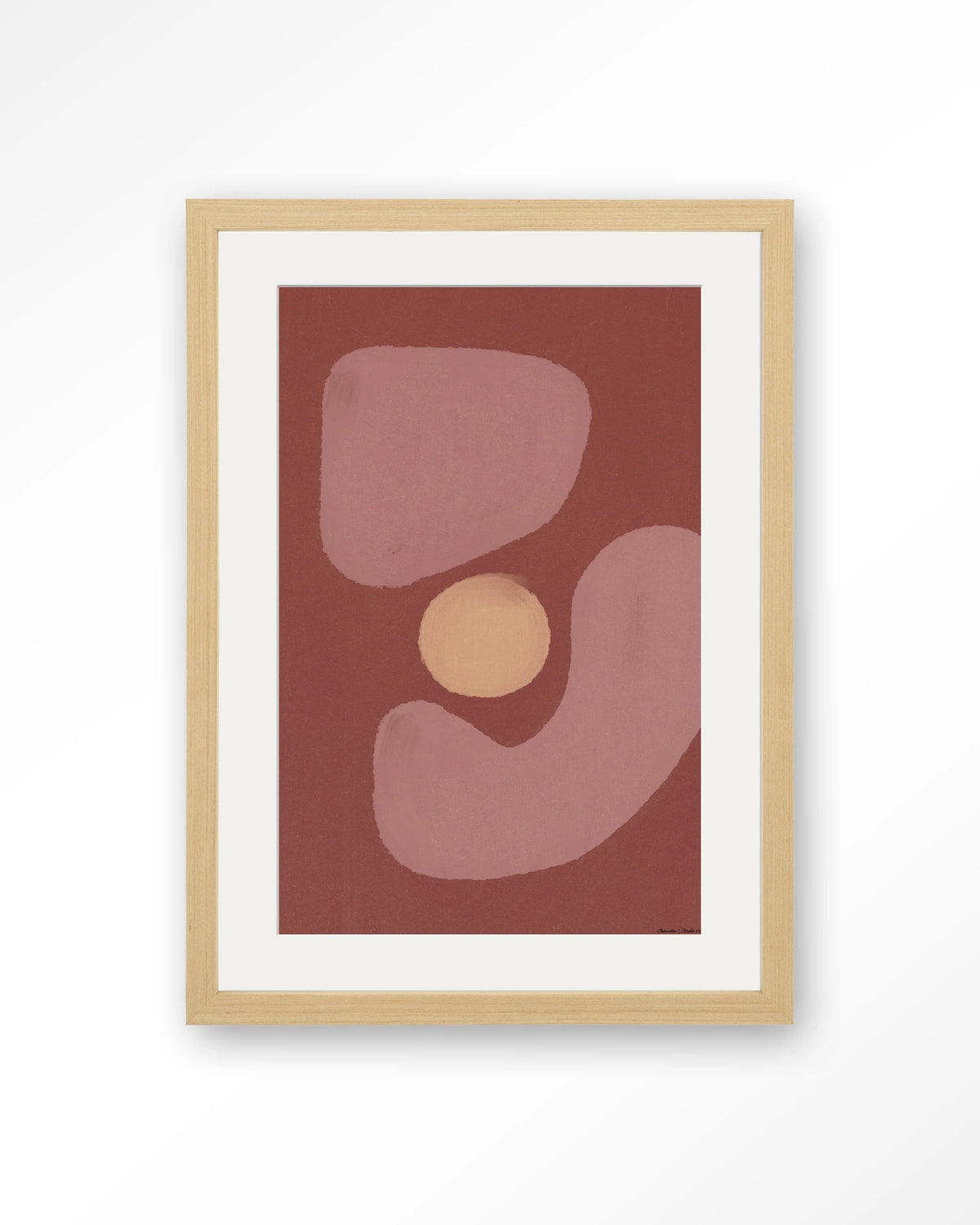 Elementa Morado 2 – abstract in roze en zalm met cirkel – Art print – Hout naturel + passe-partout