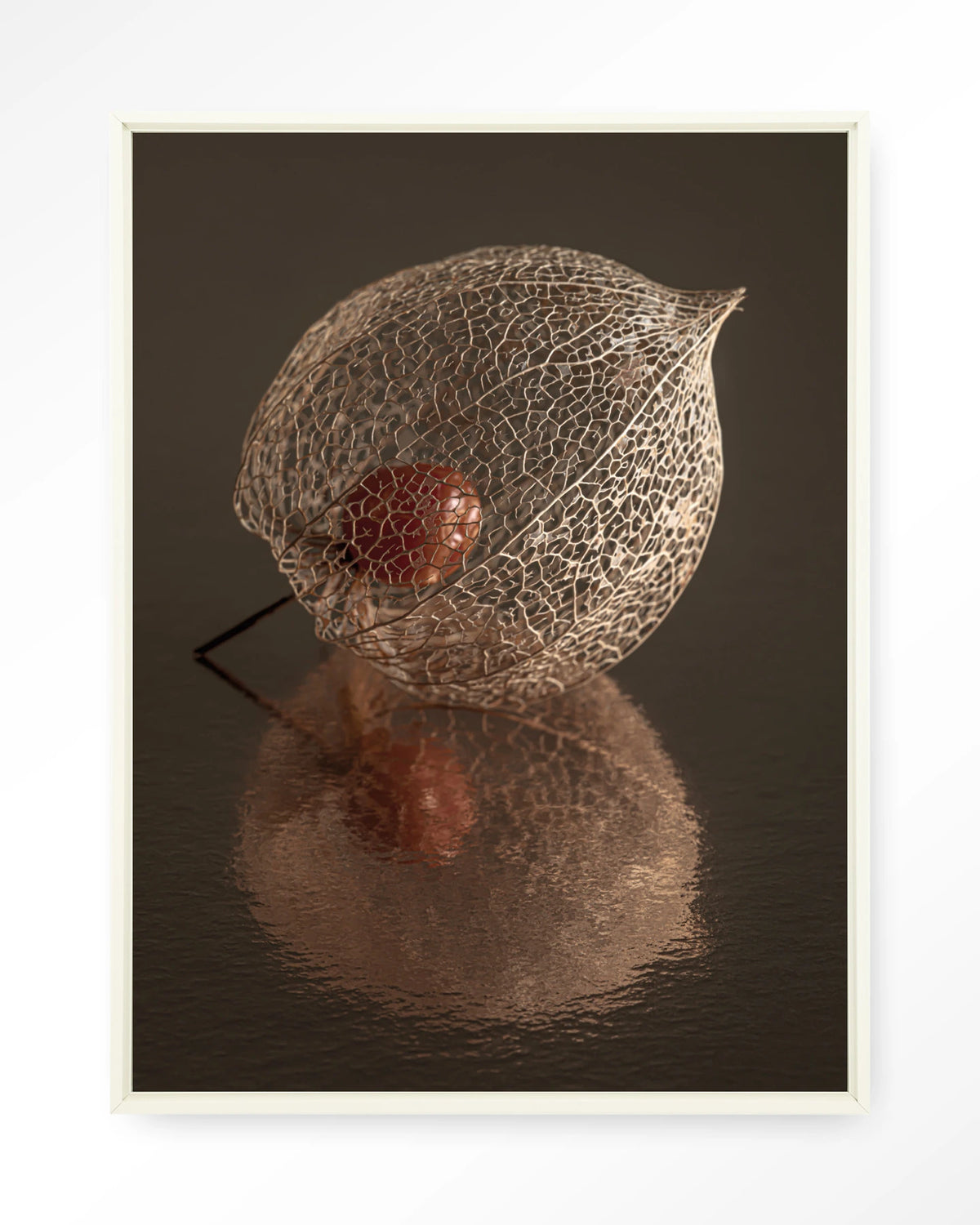 De Reflectie Van Vergankelijkheid In Bruintinten – lampionplant in bruintinten – Wandkleed – Floating frame – wit