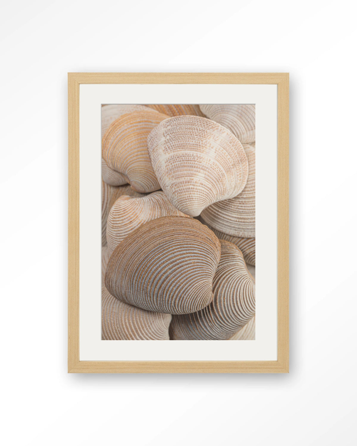 Tijdloze Rust: Samen – schelpen in beige en bruin – Art print – Hout naturel + passe-partout