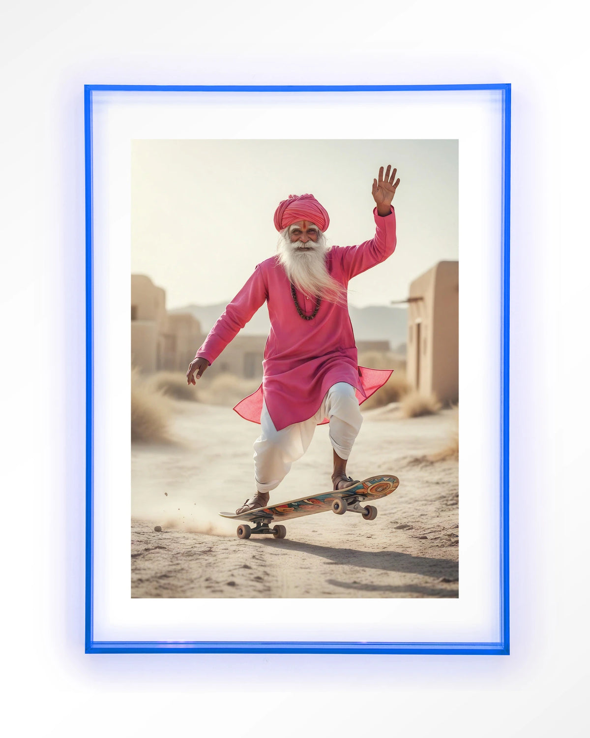 Skating Glory – man op skateboard in roze – Art print – Acryl lichtblauw
