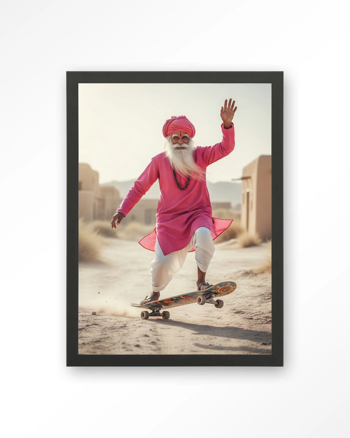 Skating Glory – man op skateboard in roze – Art print – Hout zwart